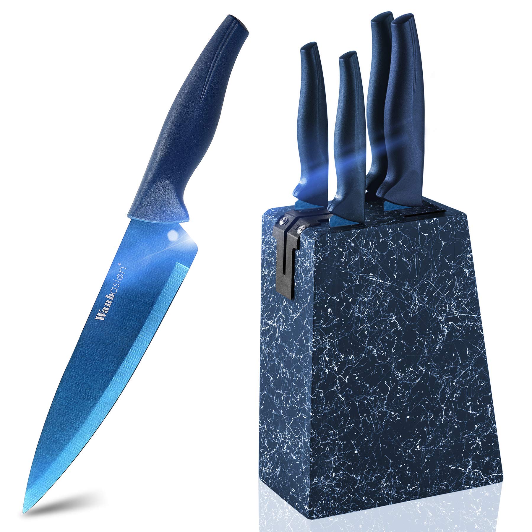 Wanbasion Marbling Kitchen Knife Set With Block, Sharp Kitchen Knife Set Block, Stainless Steel Chef Knife Set with Block Sharpener 6PCS Blue