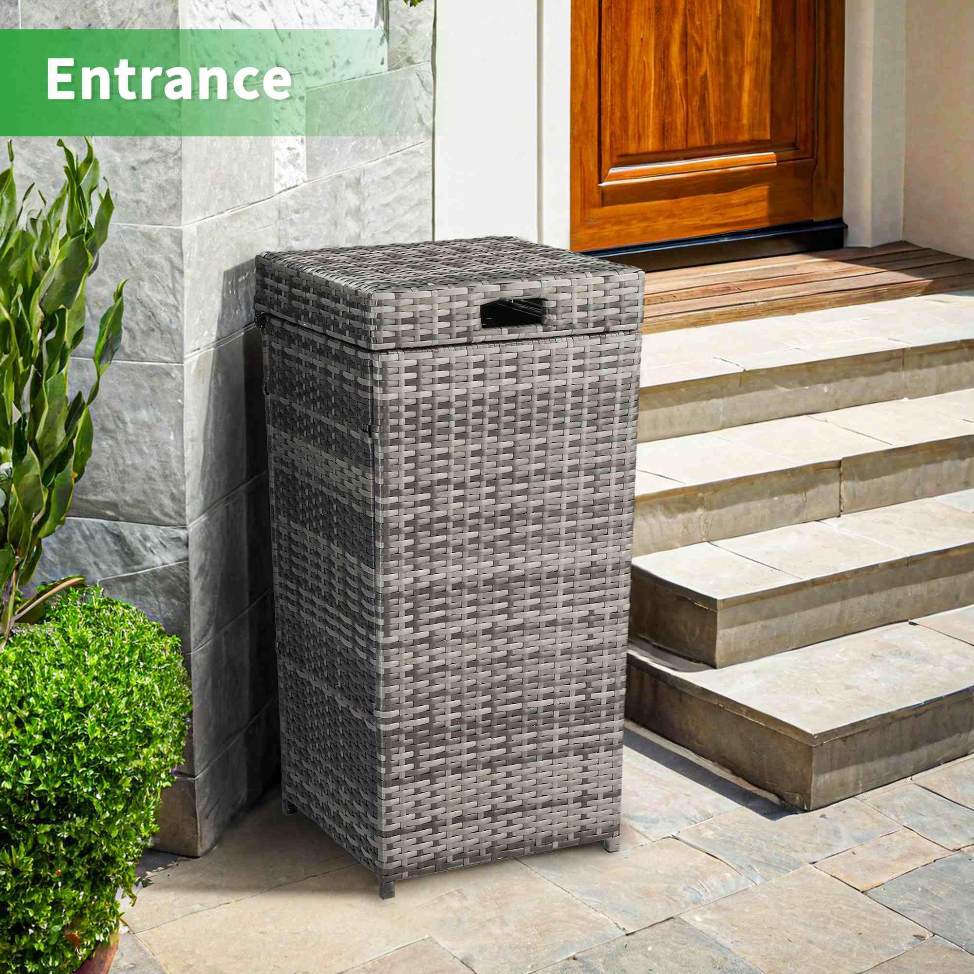 KEPOOMAN Outdoor Rattan Trash Can,Retro Wicker Trash Can with Steel Frame and Removable Lid,Large Garbage Bin for Backyard and Patio,Gray