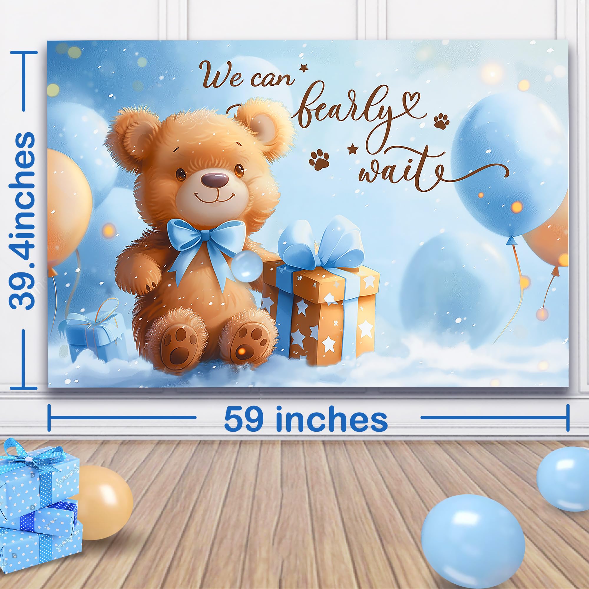 Party Spot！Bear Baby Shower Decorations Boy,80 pcs Balloons,4 Wood Grain Blocks with Letter,"We can bearly wait" Backdrop,Banner,Tablecloth,Balloon Pump, Blue Brown Bear Theme