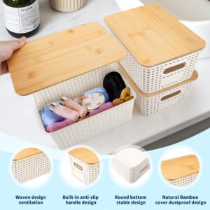 Plastic Storage Baskets with Lid - Plastic Storage Containers Stackable Storage bins: Storage Baskets for Organizing Shelves Drawers Desktop Closet Playroom Classroom Office (BAMBOO LID, WHITE)