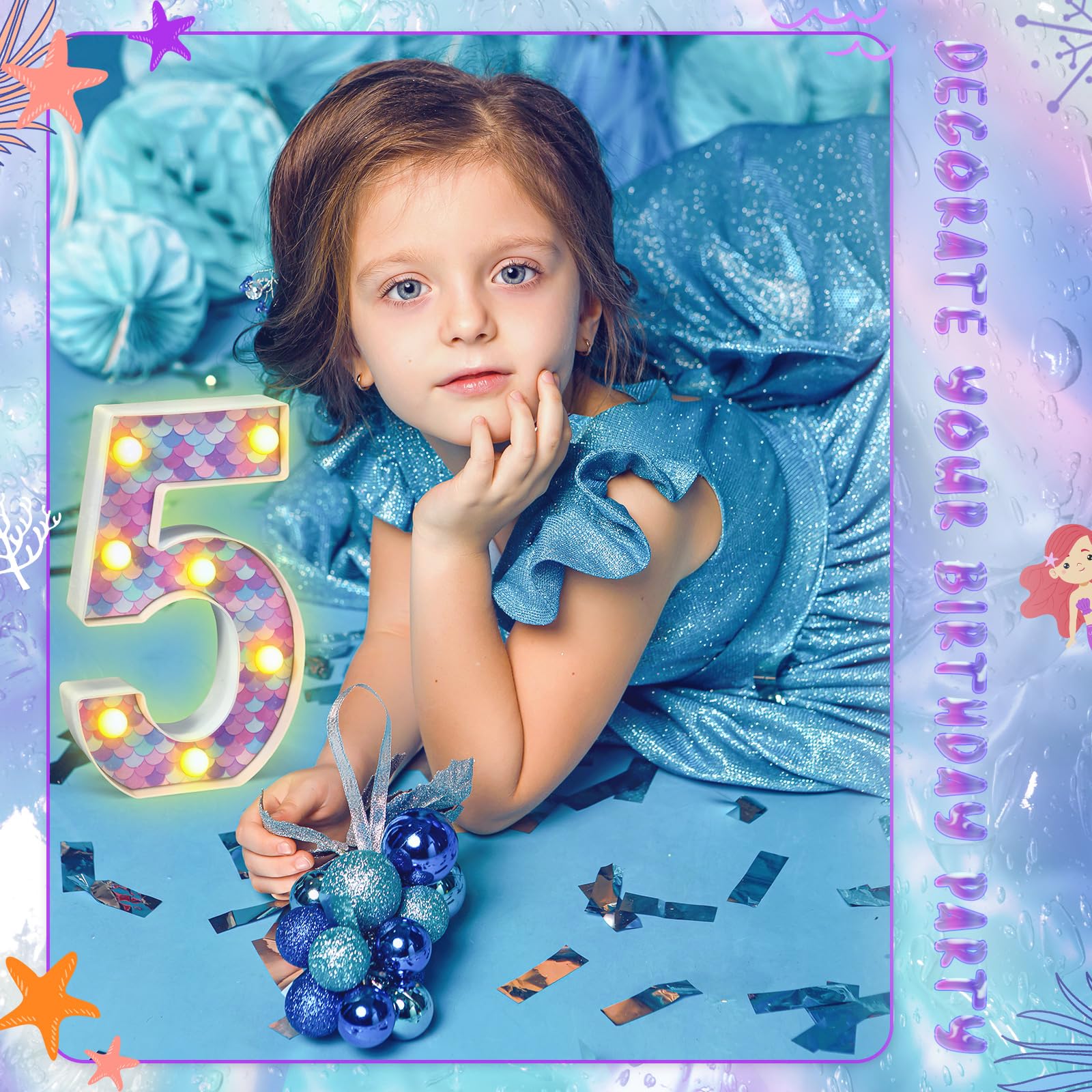 Glooglitter Mermaid Birthday Party Decoration, Decorative LED Glowing Numbers Mermaid Theme Marquee Digital Lights Table Centerpiece for Kids Under The Sea Birthday Baby Shower Party Decoration(5)