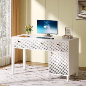 Tribesigns Computer Desk with Drawers, 47 Inches Home Office Desk with Storage Cabinet, Modern Study Writing Desk Makeup Vanity Table for Bedroom, White