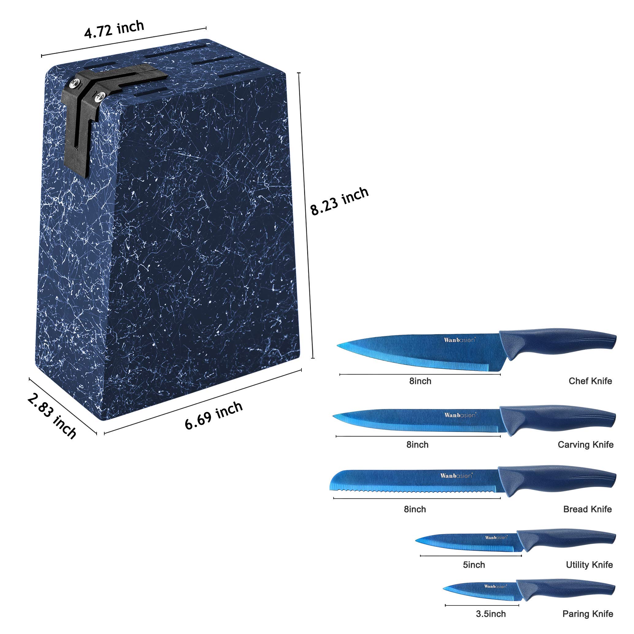 Wanbasion Marbling Kitchen Knife Set With Block, Sharp Kitchen Knife Set Block, Stainless Steel Chef Knife Set with Block Sharpener 6PCS Blue