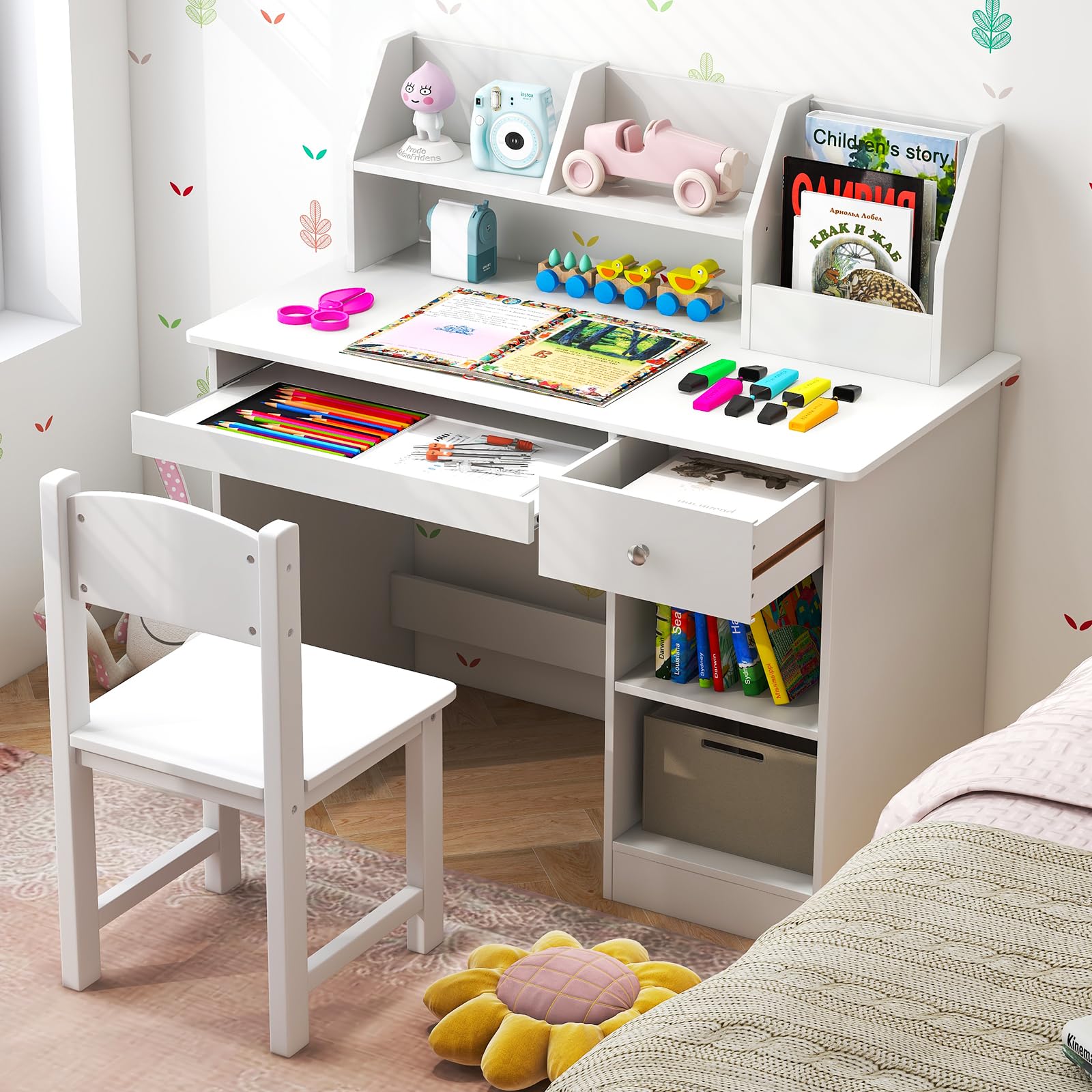 Giantex Kids Study Desk, Children Wooden Writing Table with Hutch, Bookshelf, Drawer, Keyboard Tray, Storage Shelves, White Student Computer Desk Workstation for Home School Use, Gift for Boys Girls