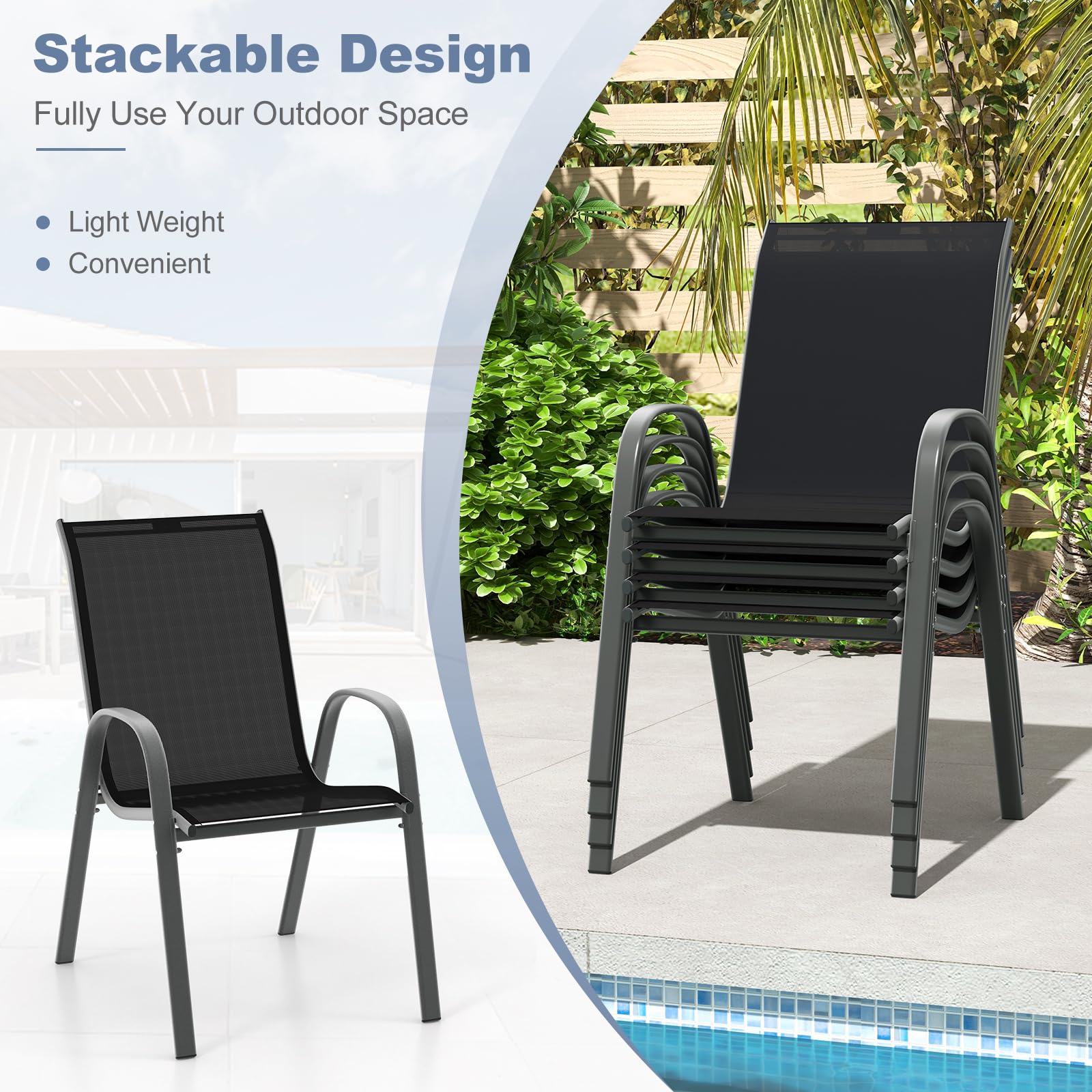 S AFSTAR Patio Chairs Set of 4, Stackable Patio Chairs Set with Armrests and Breathable Seat Fabric, Outdoor Dining Chairs Set for Patio, Pool Side, Backyard