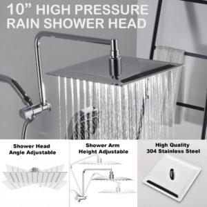 Rain Shower Heads with Handheld Spray Combo, 10 Inch High Pressure Rainfall Showerhead with 11" Extension Arm, 3-Setting Handhled Shower Head with Adjustable Suction Cup Shower Holder, Chrome