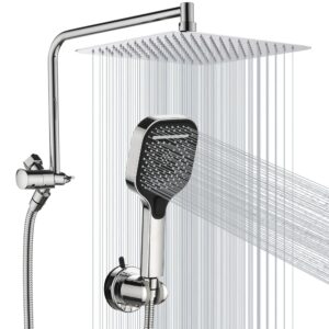 rain shower heads with handheld spray combo, 10 inch high pressure rainfall showerhead with 11" extension arm, 3-setting handhled shower head with adjustable suction cup shower holder, chrome