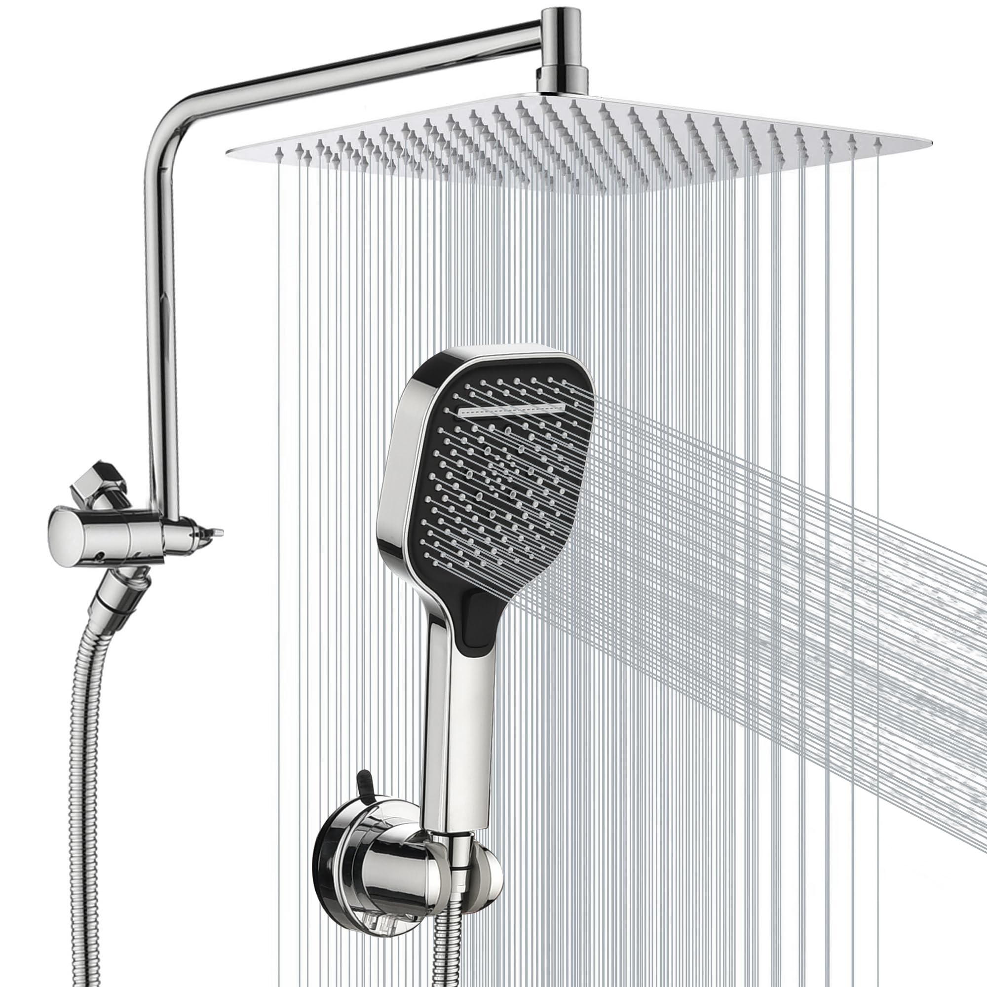 Rain Shower Heads with Handheld Spray Combo, 10 Inch High Pressure Rainfall Showerhead with 11" Extension Arm, 3-Setting Handhled Shower Head with Adjustable Suction Cup Shower Holder, Chrome