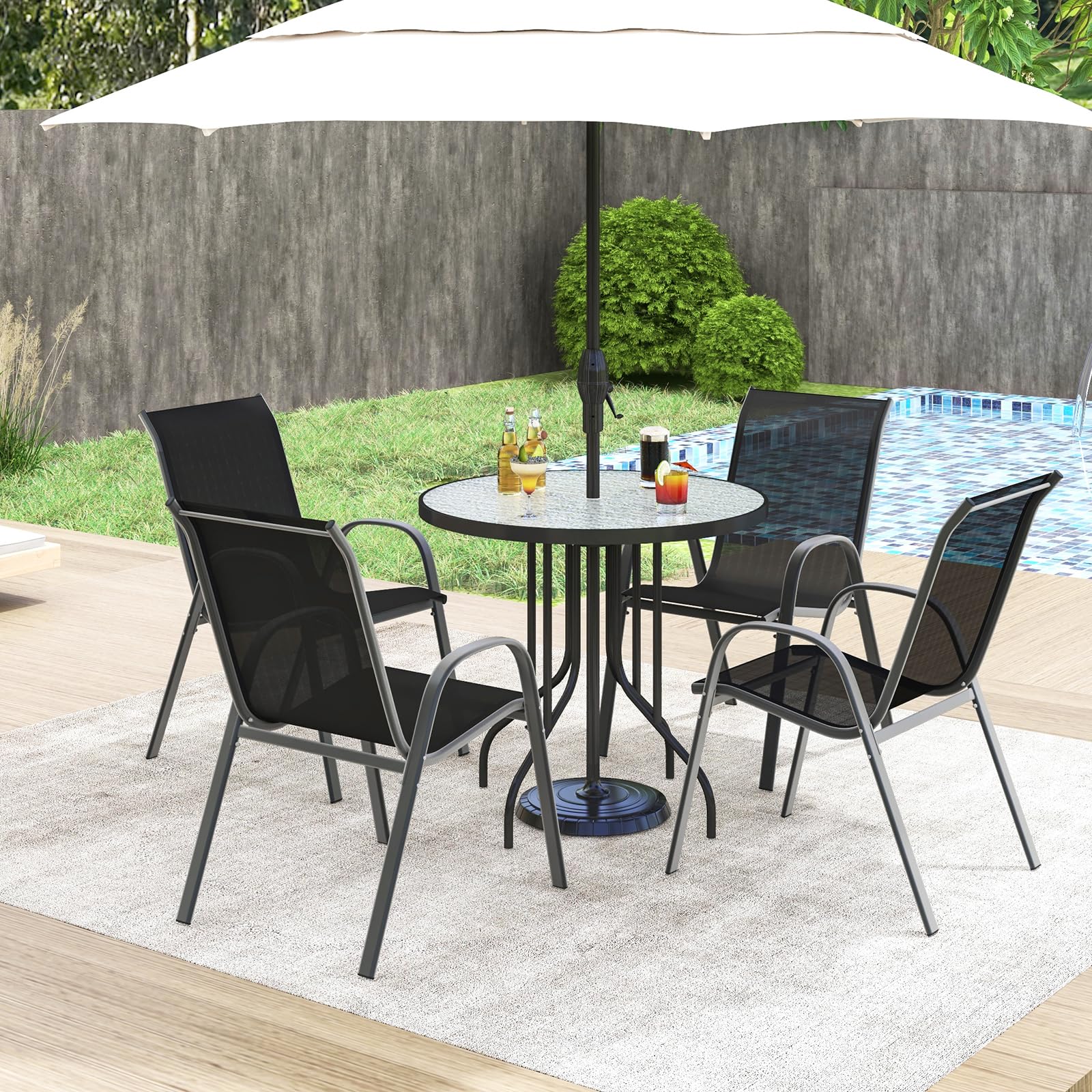 S AFSTAR Patio Chairs Set of 4, Stackable Patio Chairs Set with Armrests and Breathable Seat Fabric, Outdoor Dining Chairs Set for Patio, Pool Side, Backyard