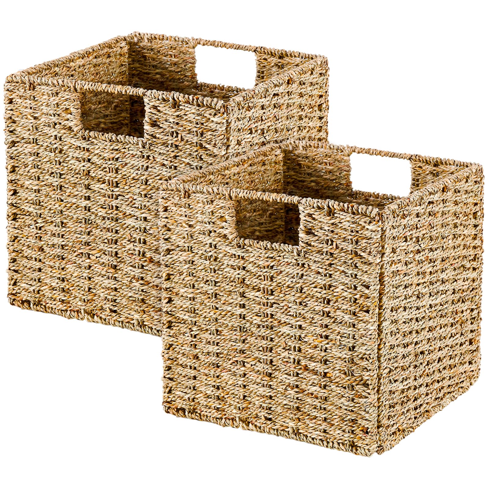 LGENHOOM Handwoven Seagrass Storage Baskets Foldable Wicker Storage Cubes 11x11in Hyacinth Baskets Rustic Set Of 2 Multipurpose Collapsible Storage Organizer for Bedroom Living Room Shelves