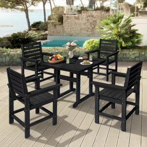 homenjoy patio table and chairs set 5 pieces, hdpe weather resistant outdoor dining set with 1.95" umbrell hole, square outdoor dining table with 4 patio chairs, patio dining set for balcony, black