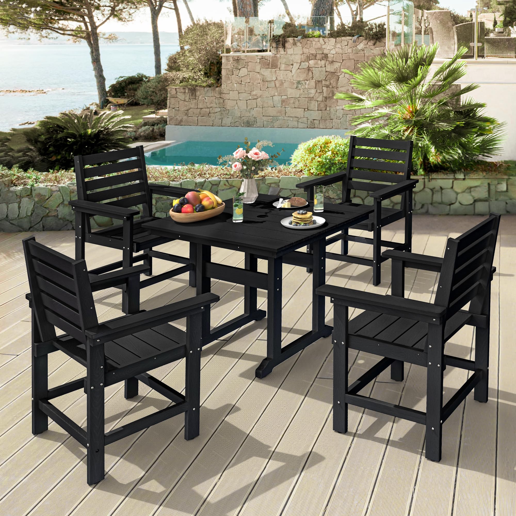 Homenjoy Patio Table and Chairs Set 5 Pieces, HDPE Weather Resistant Outdoor Dining Set with 1.95" Umbrell Hole, Square Outdoor Dining Table with 4 Patio Chairs, Patio Dining Set for Balcony, Black