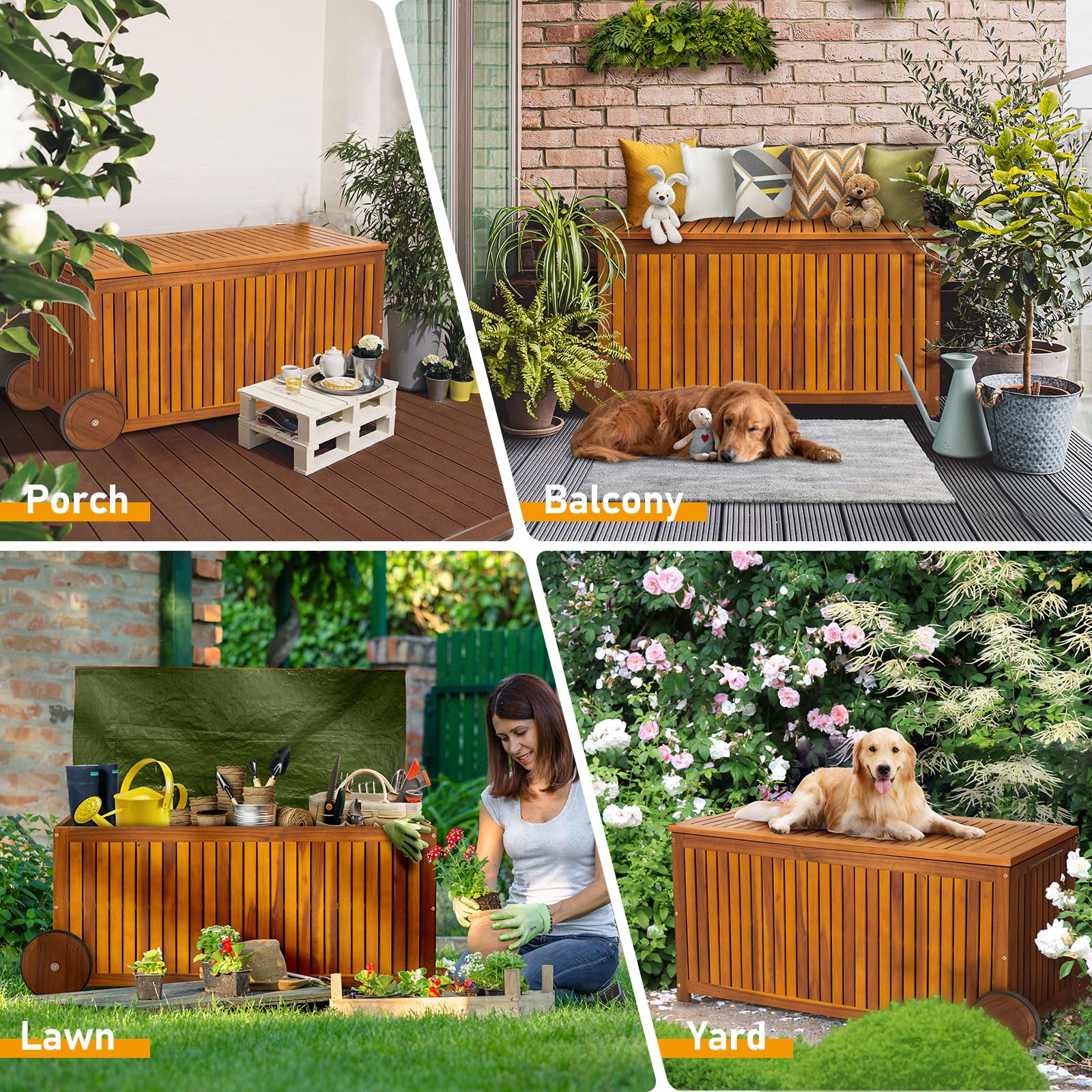 Outvita 57 Gallon Acacia Wood Deck Box, Garden Backyard Storage Bench, Outdoor Storage Container for Patio Furniture Cushions Toys and Gardening Tools (Natural)