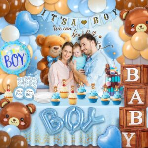 Party Spot！Bear Baby Shower Decorations Boy,80 pcs Balloons,4 Wood Grain Blocks with Letter,"We can bearly wait" Backdrop,Banner,Tablecloth,Balloon Pump, Blue Brown Bear Theme