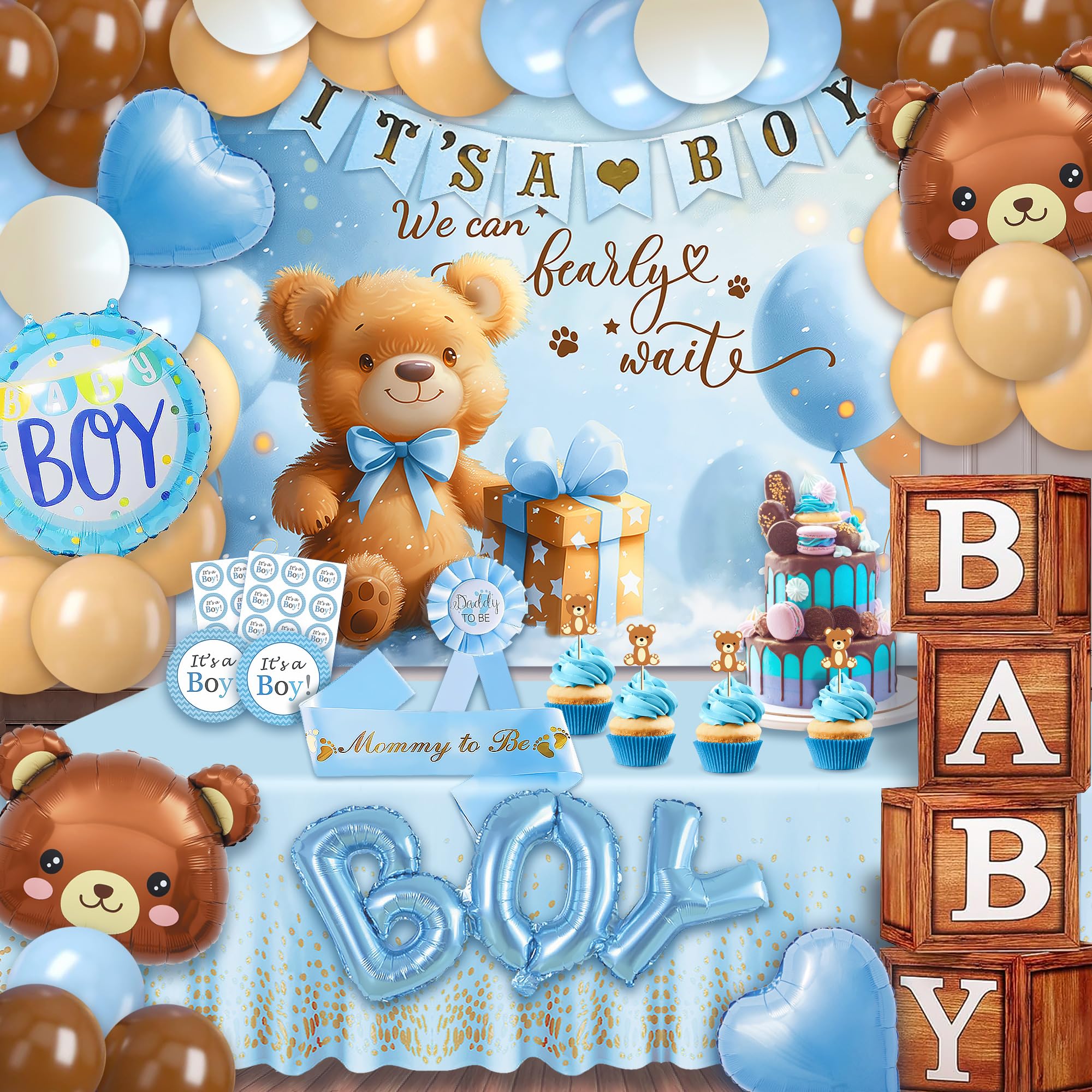 Party Spot！Bear Baby Shower Decorations Boy,80 pcs Balloons,4 Wood Grain Blocks with Letter,"We can bearly wait" Backdrop,Banner,Tablecloth,Balloon Pump, Blue Brown Bear Theme