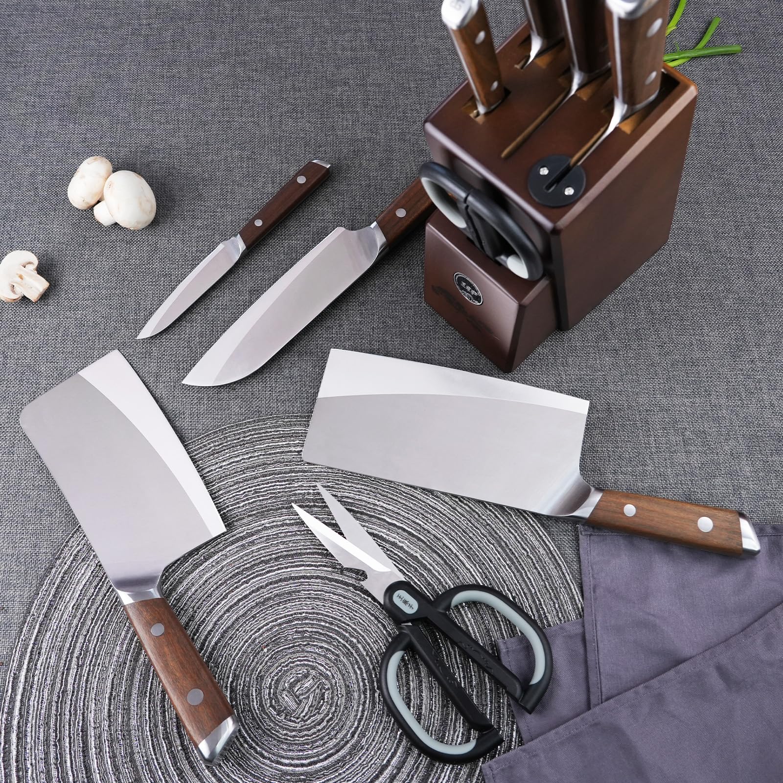 Kitchen Knife Block Set, Chinese High Carbon Stainless Steel Kitchen Knife Set with Block Original Wooden and Shears, Built-in Sharpener, 7 Pieces