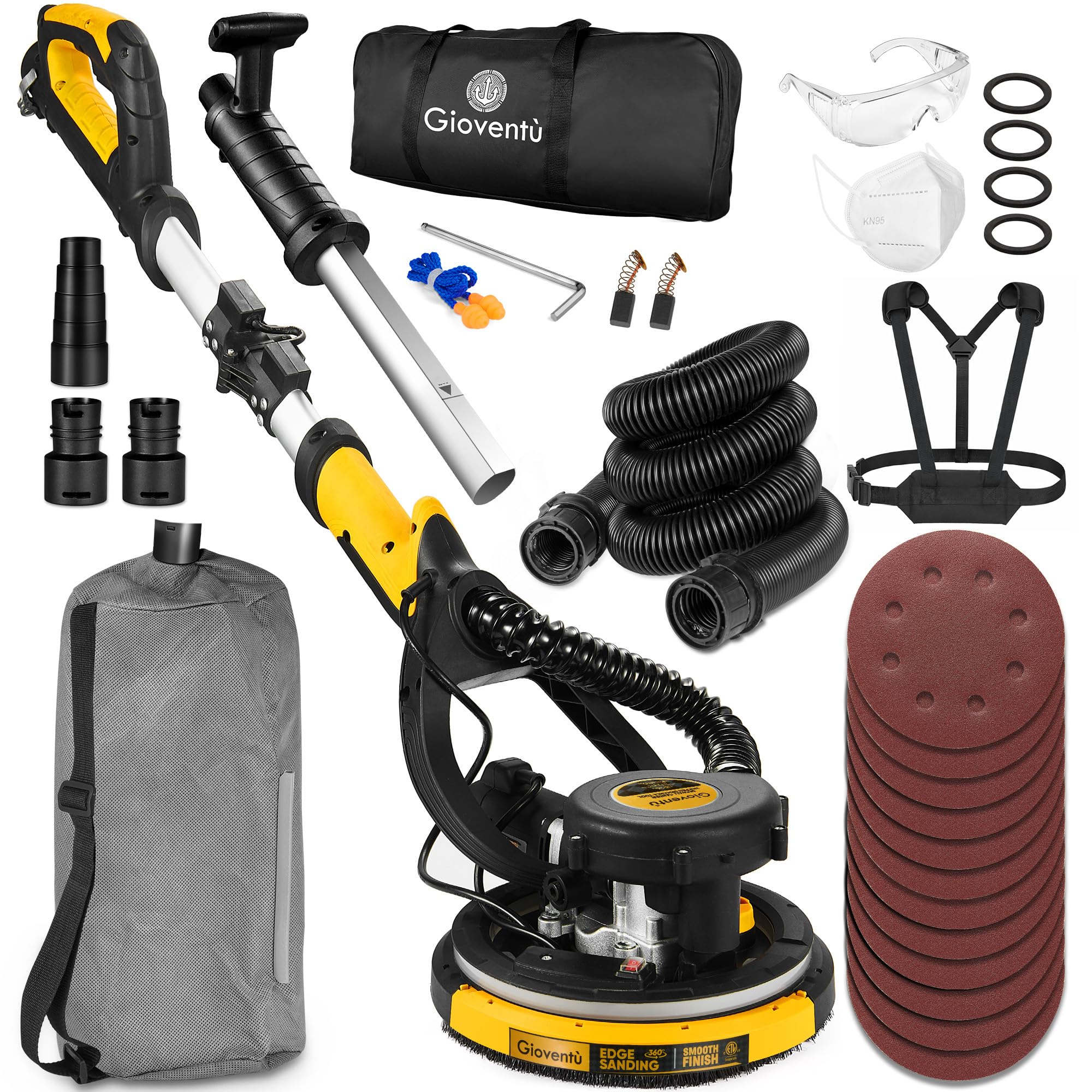 Drywall Sander with Labor-Saving Strap, Electric Sander for Drywall with Vacuum Attachment, Auto Dust Collection, 7 Variable Speed 900-1800RPM, Power Ceiling Sander for Drywall, Popcorn Ceiling etc