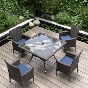 kurapika 5-piece patio furniture outdoor dining set, wicker rattan patio dining table and chairs set, square tempered glass tabletop with umbrella hole and 4 chair set, navy blue