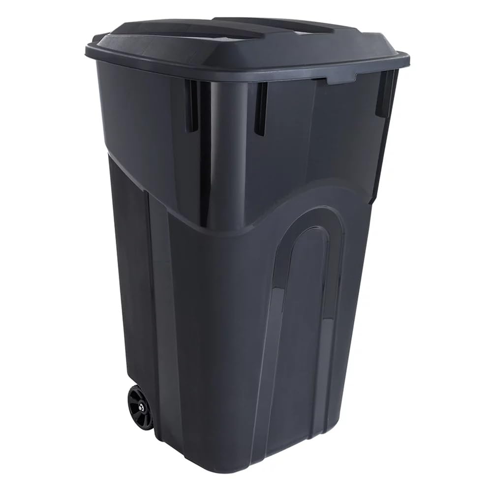 DAMEINV 32 Gallon Wheeled Heavy Duty Plastic Garbage Can, Attached Lid, Black