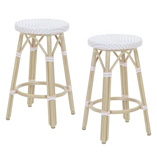 Greemotion Binde Boho 26-inch Aluminum and All-Weather Wicker Barstools with Footrest, Patio Stools & Bar Chairs for Outdoor, Kitchen Counter, Poolside, Yard, Set of 2, White