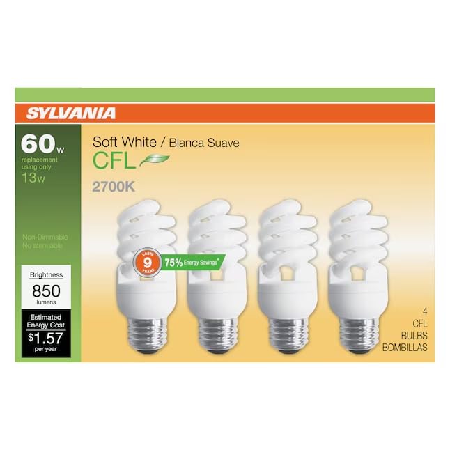 SYLVANIA CFL T2 Twist Light Bulb, 60W Equivalent, Efficient 13W, 850 Lumens, Medium Base, 2700K, Soft White - 4 Pack