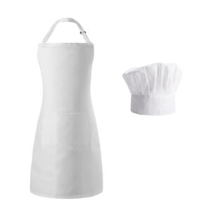 tosewever chef apron hat set, adjustable bib apron with 2 pockets chef costume apron for women men father kitchen cooking (white)