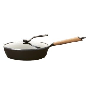 vermicular frying pan with glass lid | 24cm deep (9.4”) | oak wood handle | lightweight enameled cast iron skillet with non-toxic enamel finish | induction-compatible | made in japan