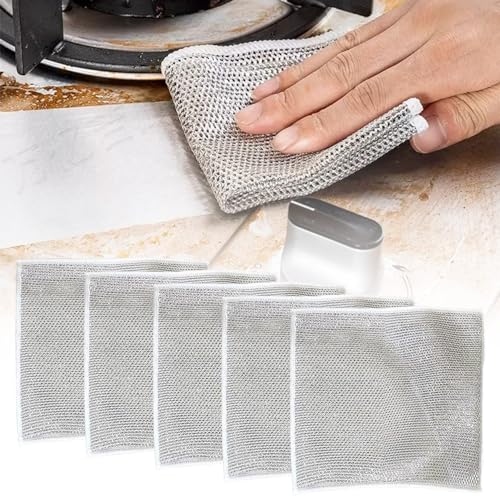 GLOCALL Multipurpose Wire Dishwashing Rags for Wet and Dry, 2024 New Non-Scratch Wire Dishcloth Scrubbing Wire Dishwashing Rag, Reusable Metal Wire Dishwashing Cloth for Home Kitchen Cooktop (5)