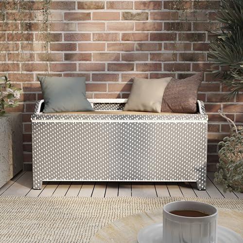 Greemotion Azur Beach Aluminum and All-Weather Wicker 41 in. Wide Storage Bench for Garden, Backyard, Patio, Pool Area, Porch, Gray and White