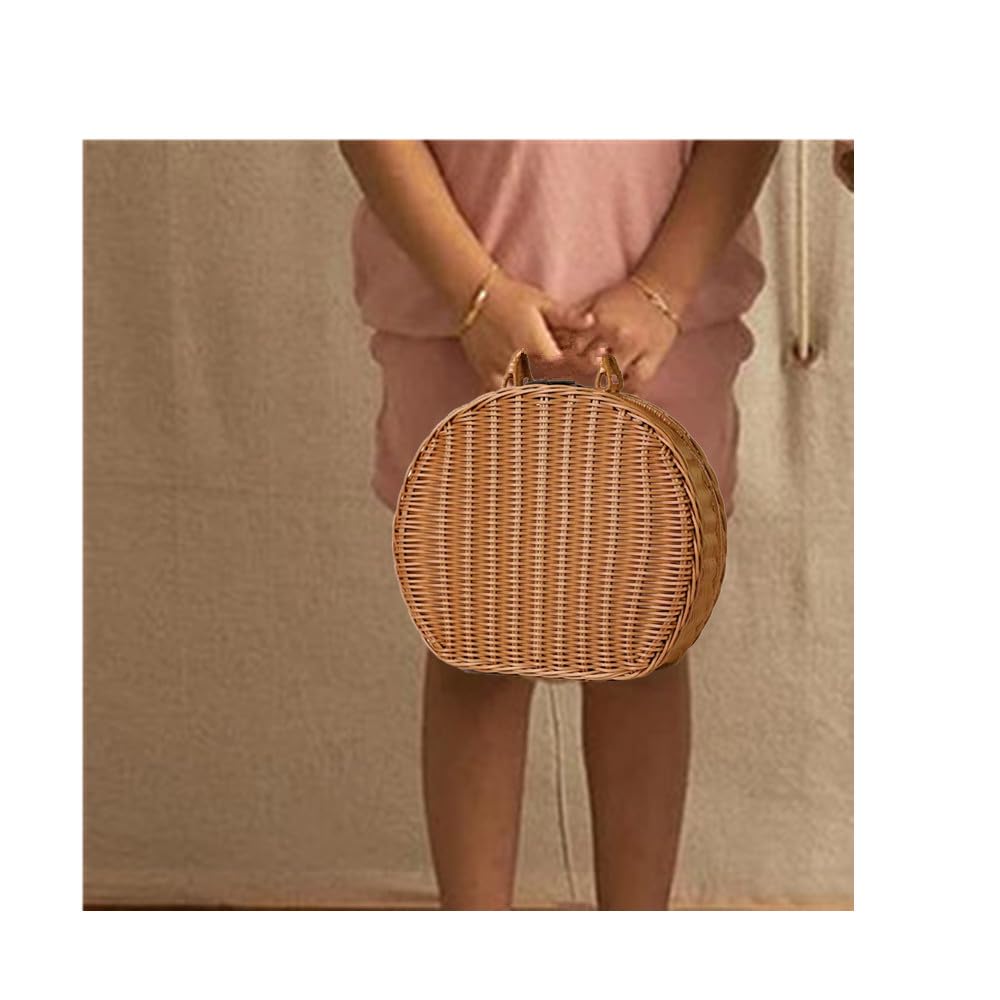 QRZLP Wicker Storage Basket, Round Vine Weaving Storage Handbag with Hand Small Suitcase Retro Weaving Vine Weaving Carrying Case Gift Box. (S)