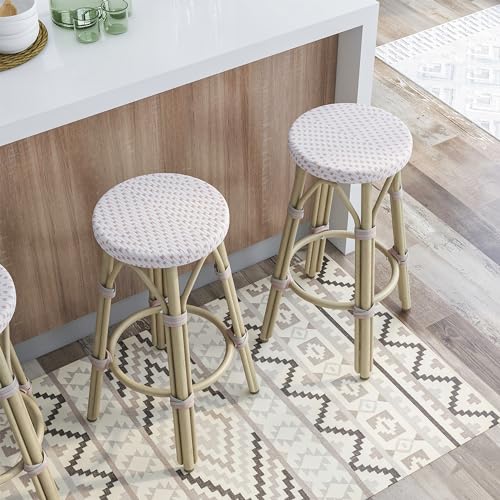 Greemotion Binde Boho 26-inch Aluminum and All-Weather Wicker Barstools with Footrest, Patio Stools & Bar Chairs for Outdoor, Kitchen Counter, Poolside, Yard, Set of 2, White