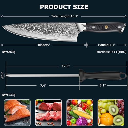 MOSFiATA Chef Knife 8 Inch, Damascus Kitchen Knife,Ultra Sharp Chef's Knives with 67-Layer Damascus Steel VG-10 Blade,Knife Sharpener Rod Gift Box