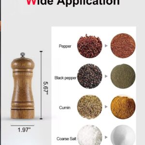 Pepper Grinder Salt Grinder Wooden Pepper Mill Grinder w/Adjustable Coarse, 5 inch Tall Wood Refillable Manual Pepper Grinder Mill Peppermill for Black Peppercorn, Easy Clean