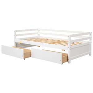 ROCKINGRUN Twin Daybed with 2 Storage Drawers,Pinewood Twin Size Daybed Frame with Guardrail,for Boys/Girls/Teens Bedroom, Easy to Assemble, No Box Spring Needed,White