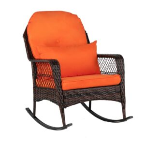 vingli patio wicker rocking chairs with cushions, outdoor rattan patio rocker chairs, patio wicker furniture for porch deck garden backyard brown & orange