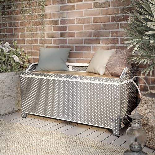 Greemotion Azur Beach Aluminum and All-Weather Wicker 41 in. Wide Storage Bench for Garden, Backyard, Patio, Pool Area, Porch, Gray and White