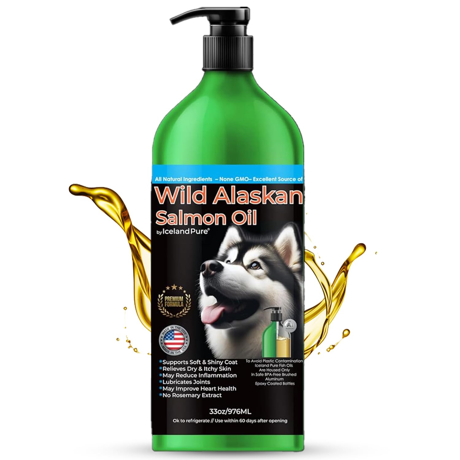 Wild Alaskan Salmon Oil for Dogs and Cats by Iceland Pure | 1,043 mg of Omega-3 per Teaspoon | Salmon Oil & Pollock Blend | BPA-Free Brushed Aluminum Epoxy Coated Bottle with Pump - 33 oz