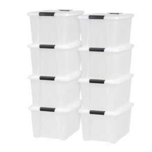 iris usa 33 quart stackable plastic storage bins with lids and latching buckles, containers with lids and latches, pearl, 8 pack