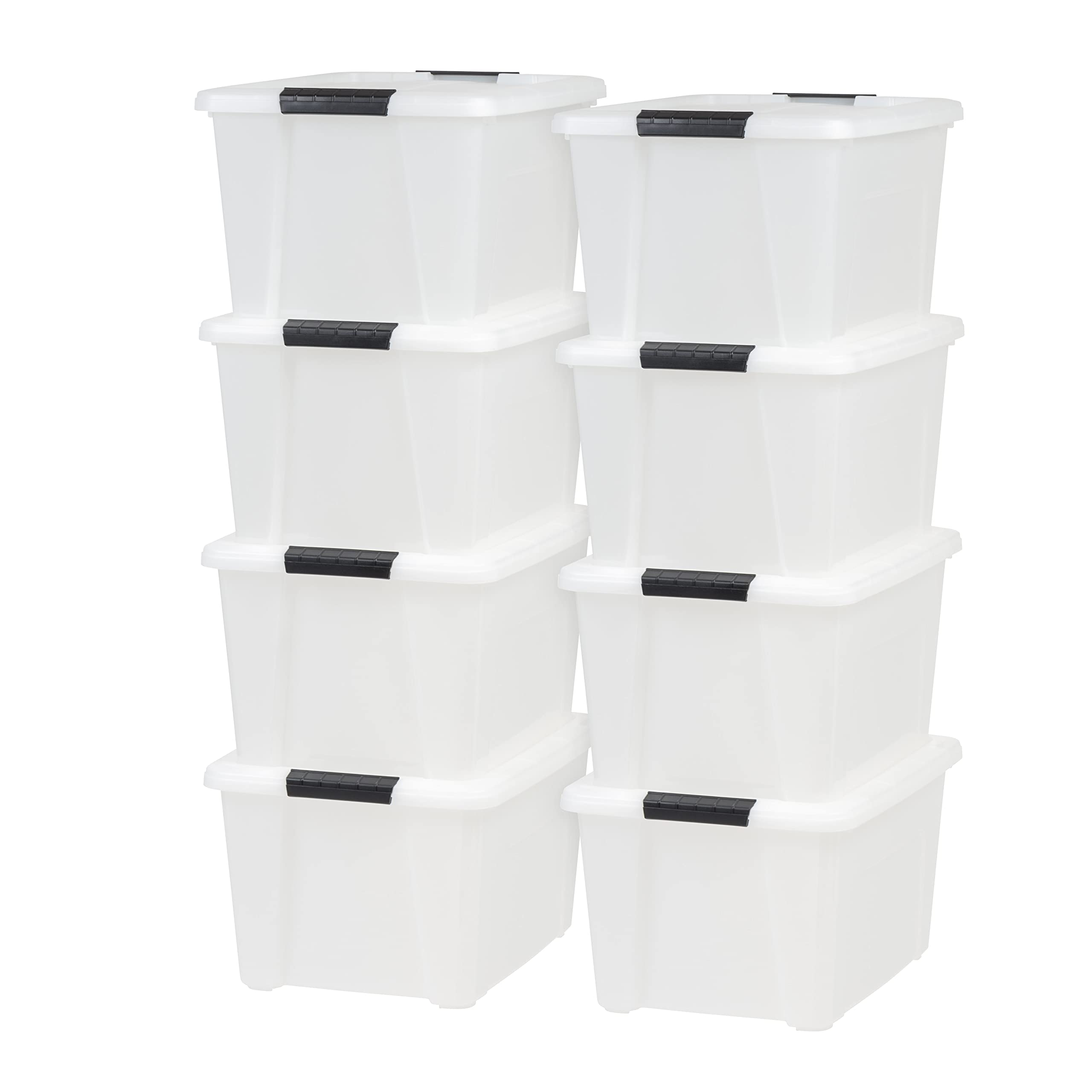 IRIS USA 33 Quart Stackable Plastic Storage Bins with Lids and Latching Buckles, Containers with Lids and Latches, Pearl, 8 Pack