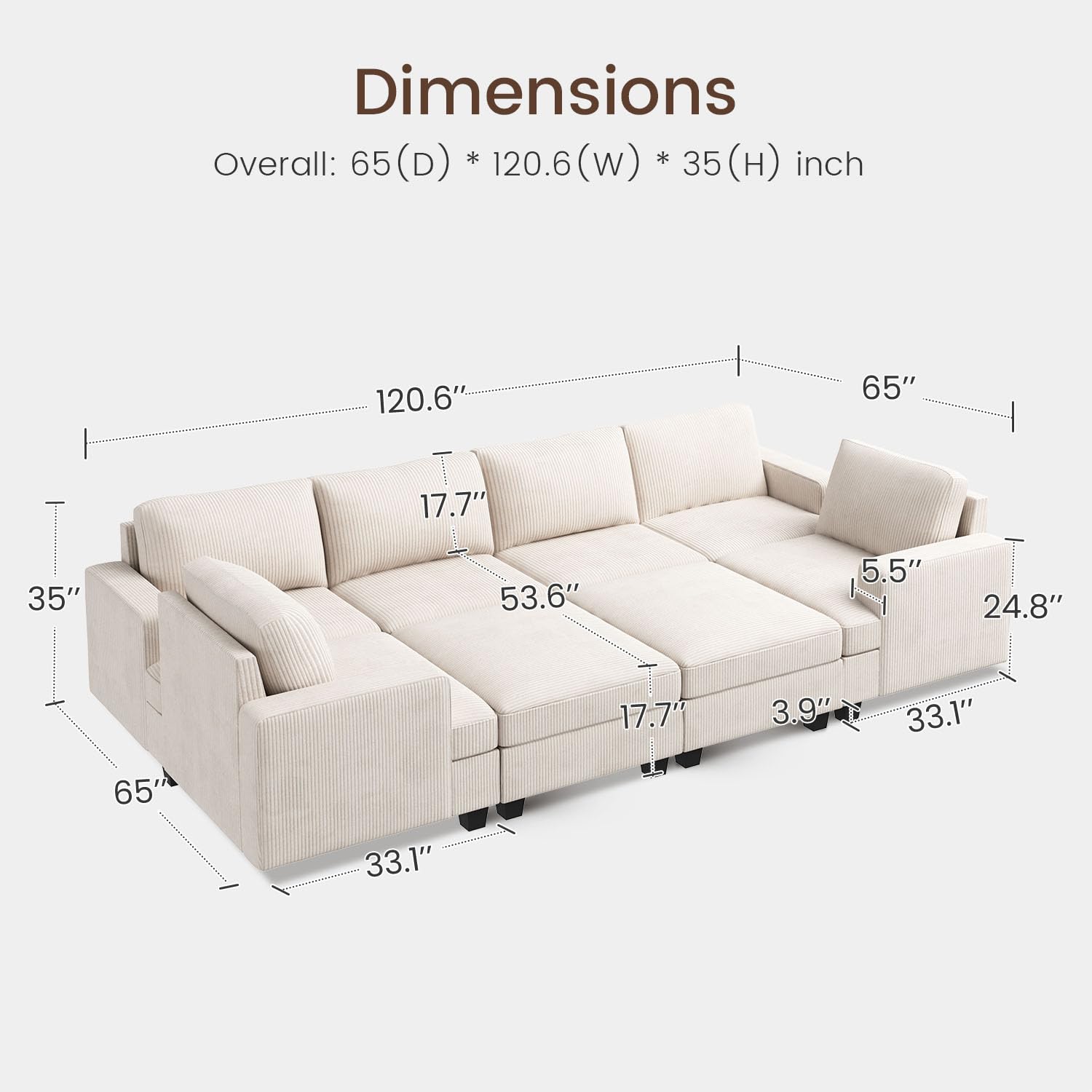 Nolany Modular Sectional Couch with Storage Ottoman, Corduroy Sectional Sleeper Sofa with Chaise, Sectional Couches for Living Room, Beige