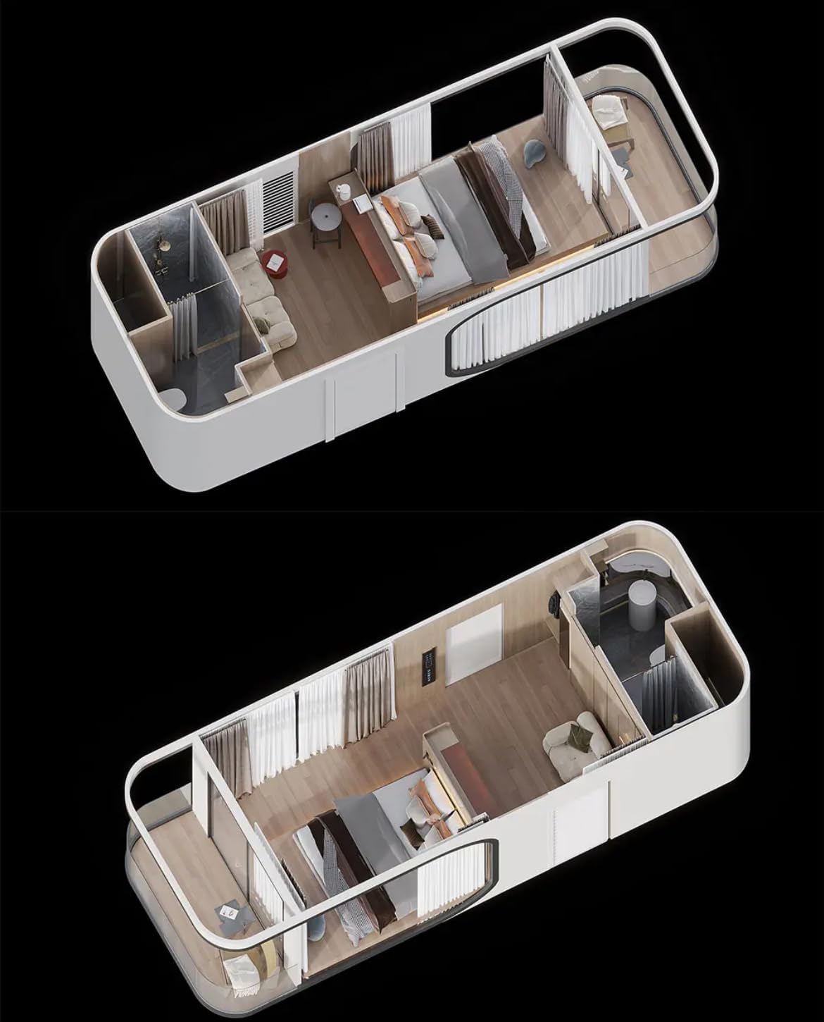 Modern, Portable Living: Prefabricated Mobile Capsule House/Hotel, 30x10.5x10Ft, 315 Sqft. Withstands high Winds, Offers on-The-go Convenience, Full Bathroom Included.