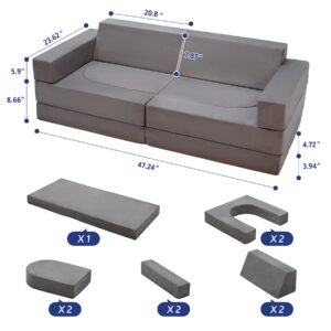 Kinevoli 10pcs Modular Kids Play Couch, Toddler Sectional Sofa for Playroom Bedroom, Convertible Foam and Floor Cushion for Boys & Girls, Gray