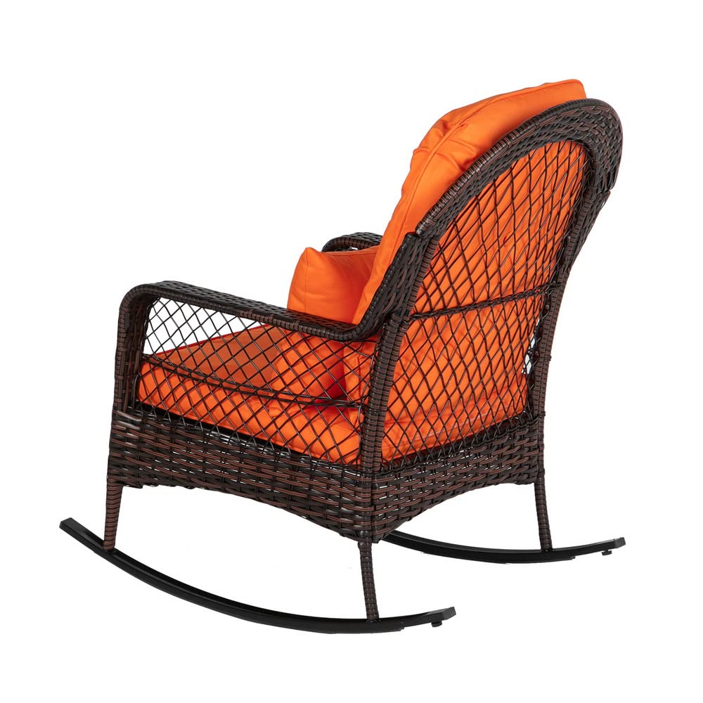 VINGLI Patio Wicker Rocking Chairs with Cushions, Outdoor Rattan Patio Rocker Chairs, Patio Wicker Furniture for Porch Deck Garden Backyard Brown & Orange