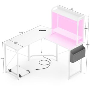 Small L Shaped Gaming Desk with Power Outlets, Corner Gaming Desk with LED Light, Reversible L-Shaped Desk with Monitor Stand & Hutch, L Shaped Desk Home Office Desk with Storage Bag, White