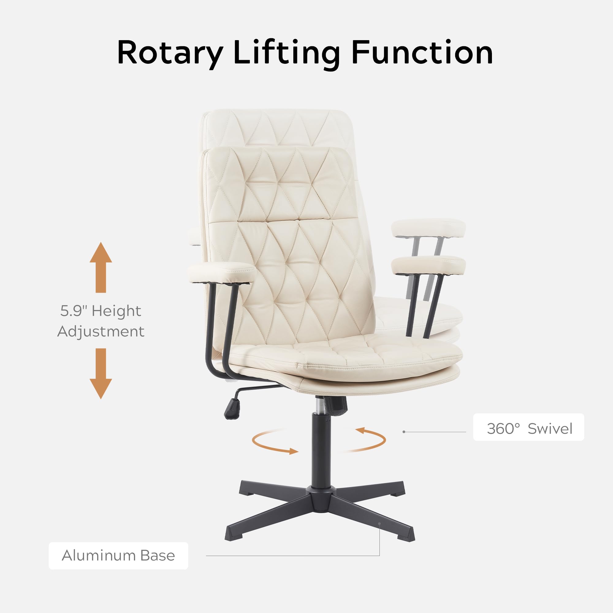 EYYTHUNG Desk Chair No Wheels with Arms Crossleg Stationary Ergonomic Soft Cushion Home Office Swivel Working Computer Chair Cream White