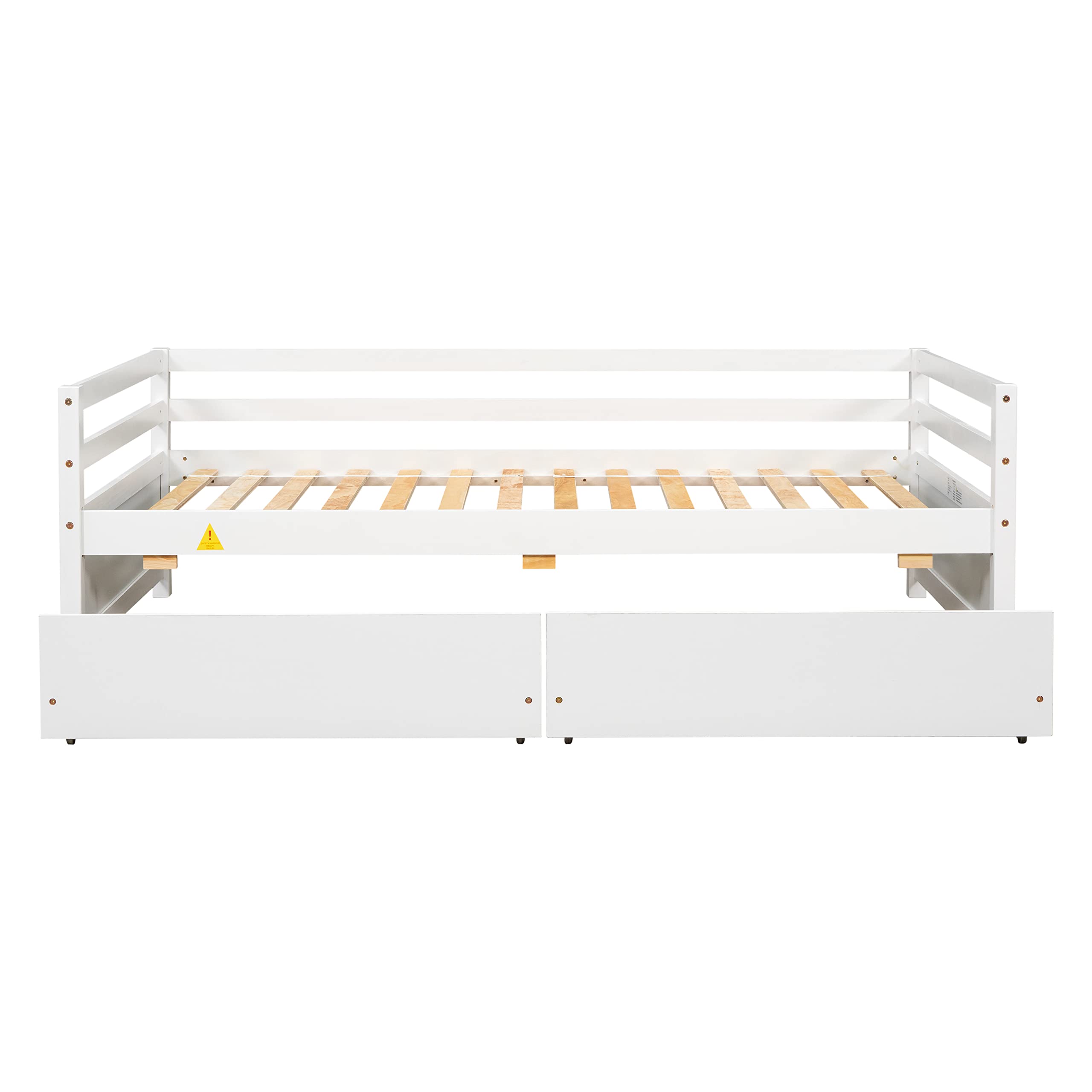 ROCKINGRUN Twin Daybed with 2 Storage Drawers,Pinewood Twin Size Daybed Frame with Guardrail,for Boys/Girls/Teens Bedroom, Easy to Assemble, No Box Spring Needed,White