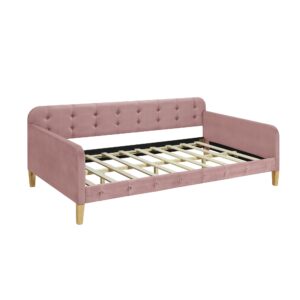 OUYESSIR Twin Size Upholstered Daybed, Comfy Wooden Velvet Fabric Day Bed Frame with Tufted Button for Kids Adults Boys Girls, Pink