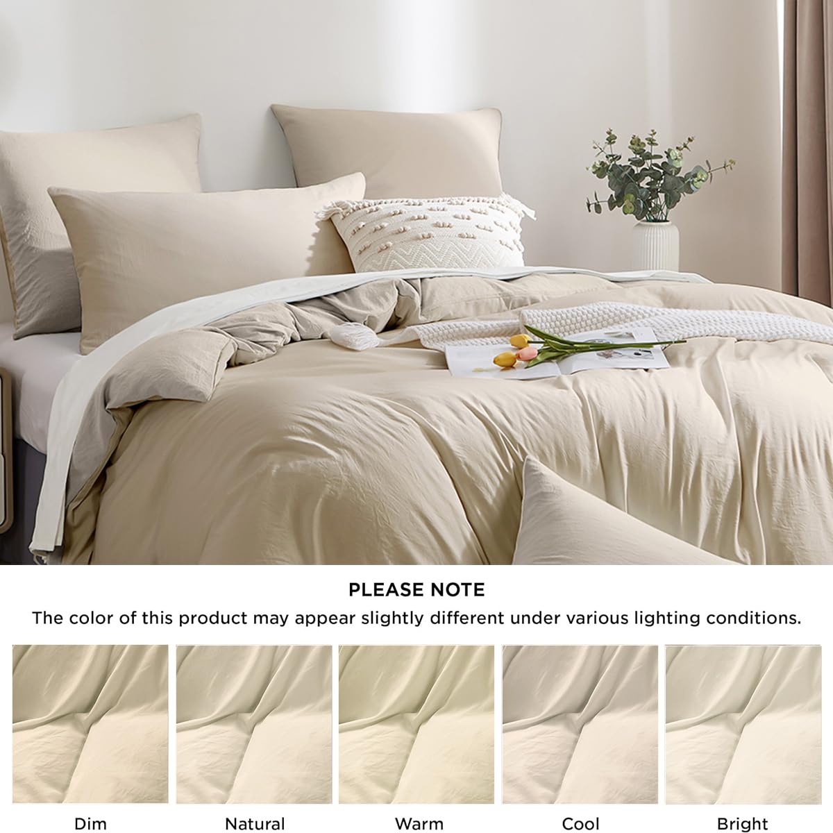 Nayoroom Beige Duvet Cover Set Queen Size Minimalist Solid Cream Oatmeal Comforter Cover with Zipper Closure 3 Pieces Soft Breathable Lightweight Microfiber Bedding Set