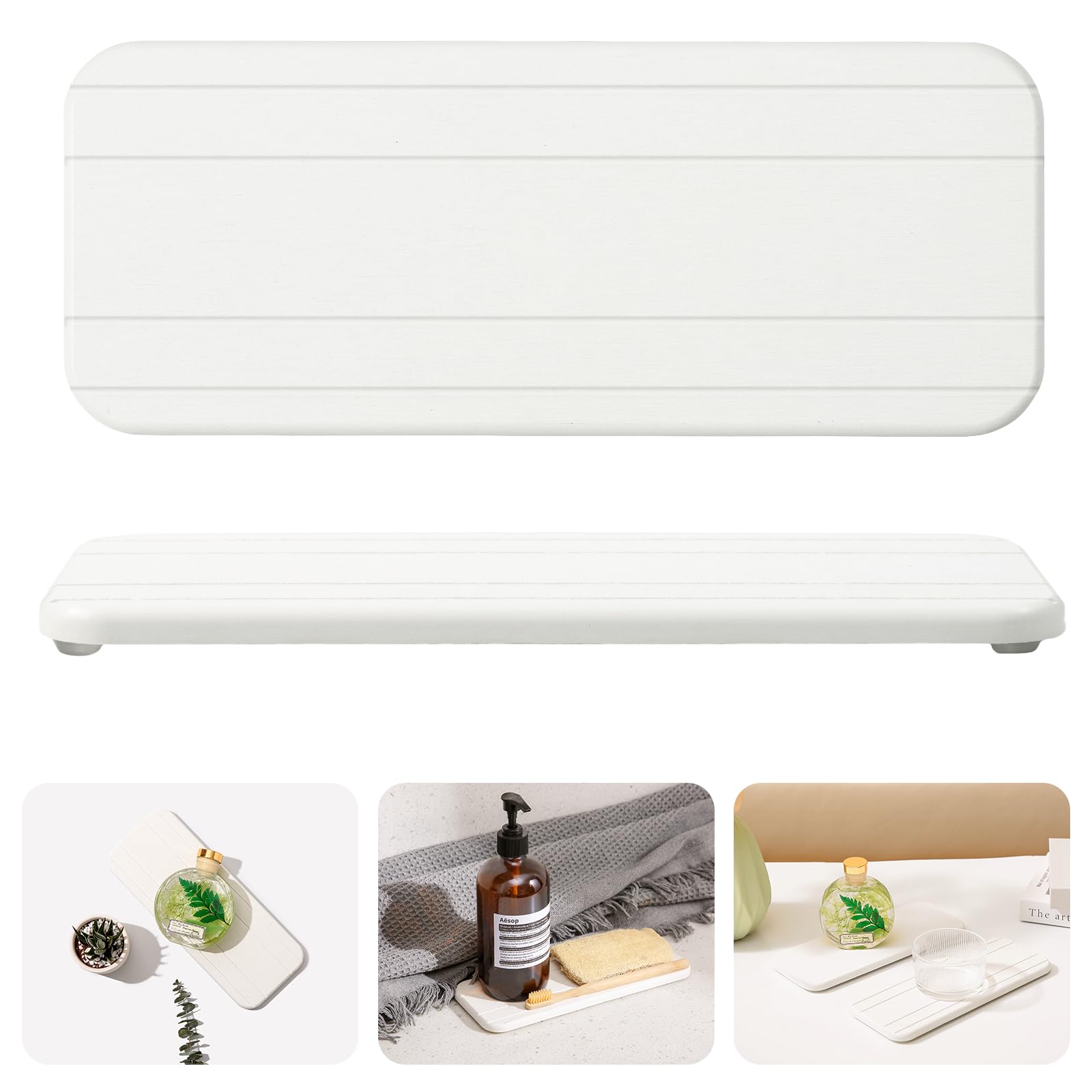 WALL QMER Fast Drying Stone Soap Tray, 9.9'' × 4'' Stone Drying Tray & Toothbrush Holders for Bathroom Counter, Diatomaceous Earth Water Absorbing Stone Tray for Sink, White, 1 Pack