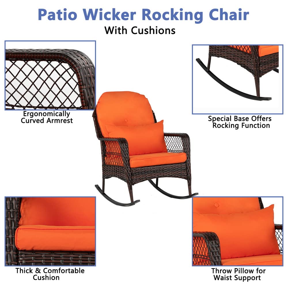 VINGLI Patio Wicker Rocking Chairs with Cushions, Outdoor Rattan Patio Rocker Chairs, Patio Wicker Furniture for Porch Deck Garden Backyard Brown & Orange